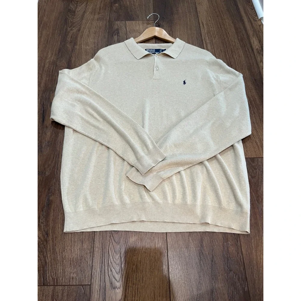VTG‎ Polo Ralph Lauren Mens XXL Beige 100% Pima Cotton Long Sleeve Polo Sweater